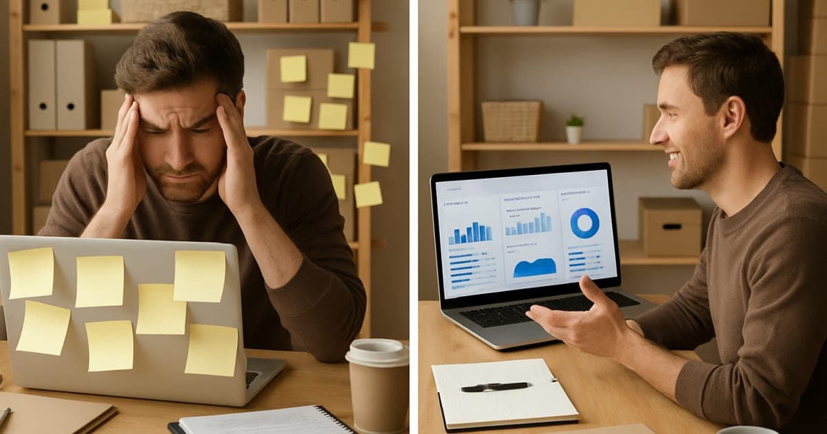 Small business owner smiling at laptop with automated marketing dashboard on screen