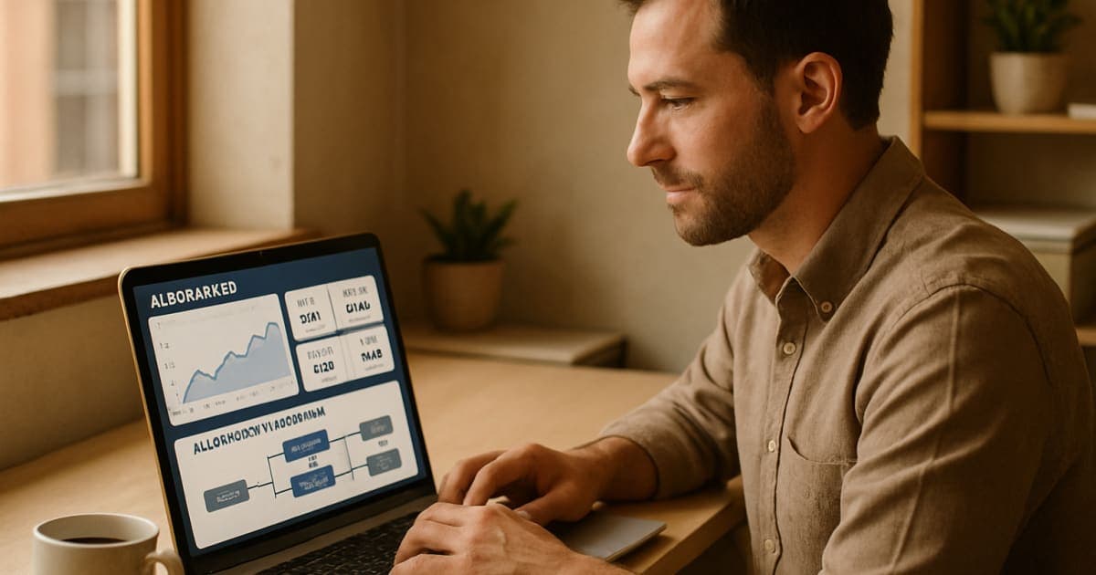Small business owner reviewing AI automation dashboard on laptop at modern office desk