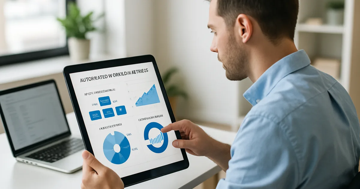 A small business owner reviews automated workflow data on a laptop beside modern office technology
