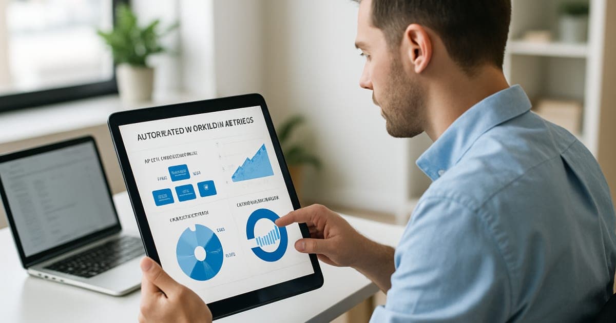 A small business owner reviews automated workflow data on a laptop beside modern office technology