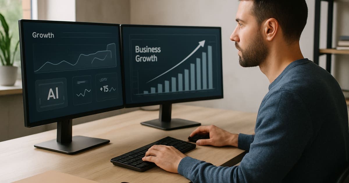 A sleek laptop displaying AI dashboard analytics beside automated workflow icons on a modern desk