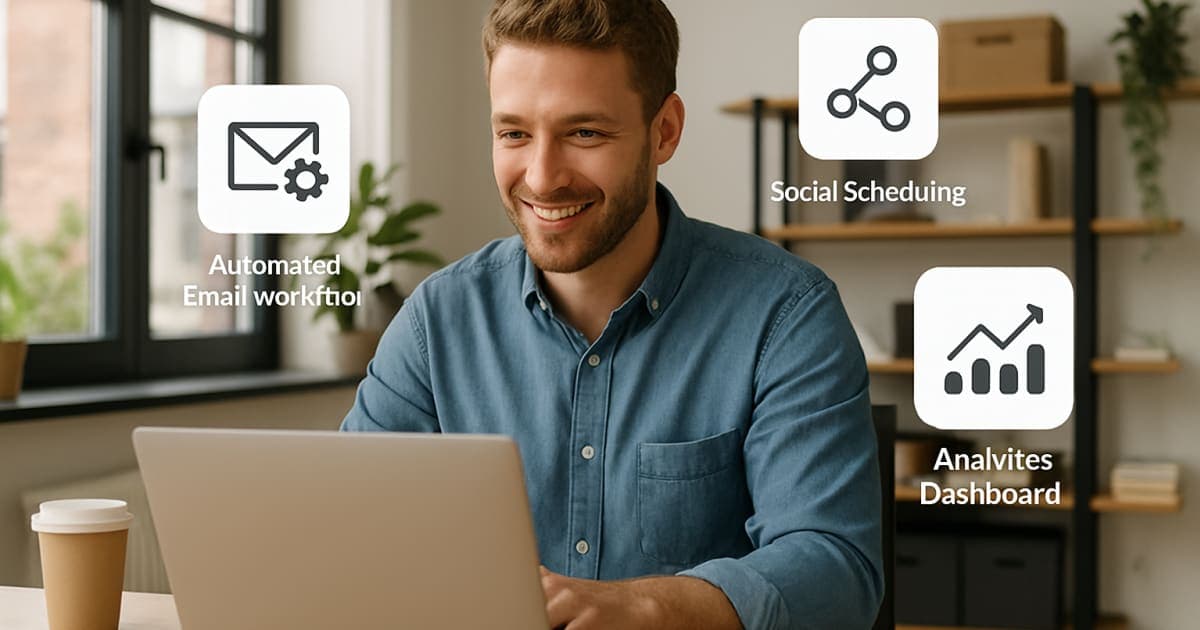 Small business owner reviewing automated marketing dashboard on laptop at modern desk