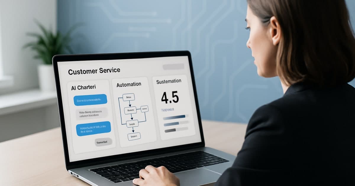 A customer service agent working alongside AI chatbot interfaces on dual computer screens