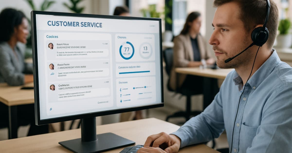 A customer service agent working alongside AI chat interface screens in a modern office