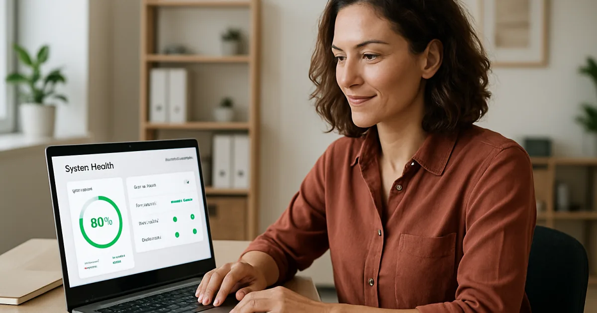 Small business owner reviewing automated workflow dashboards on a laptop in a modern office