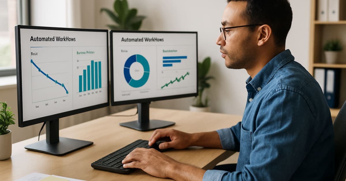 A small business owner reviews automation software on a laptop beside financial growth charts