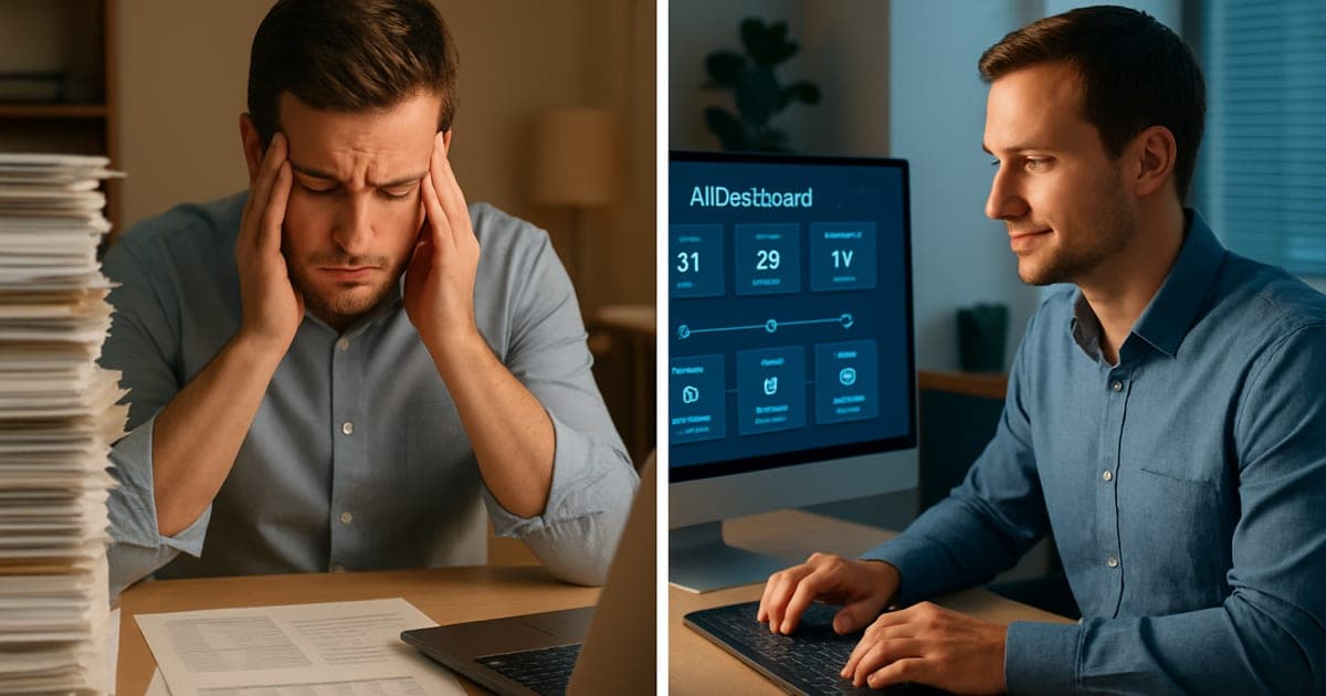 Business professional reviewing AI automation dashboard on laptop with data analytics charts