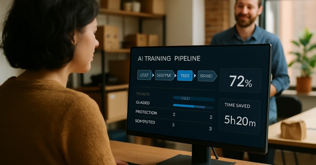 Professional using laptop with AI dashboard interface displaying automated training workflows and analytics