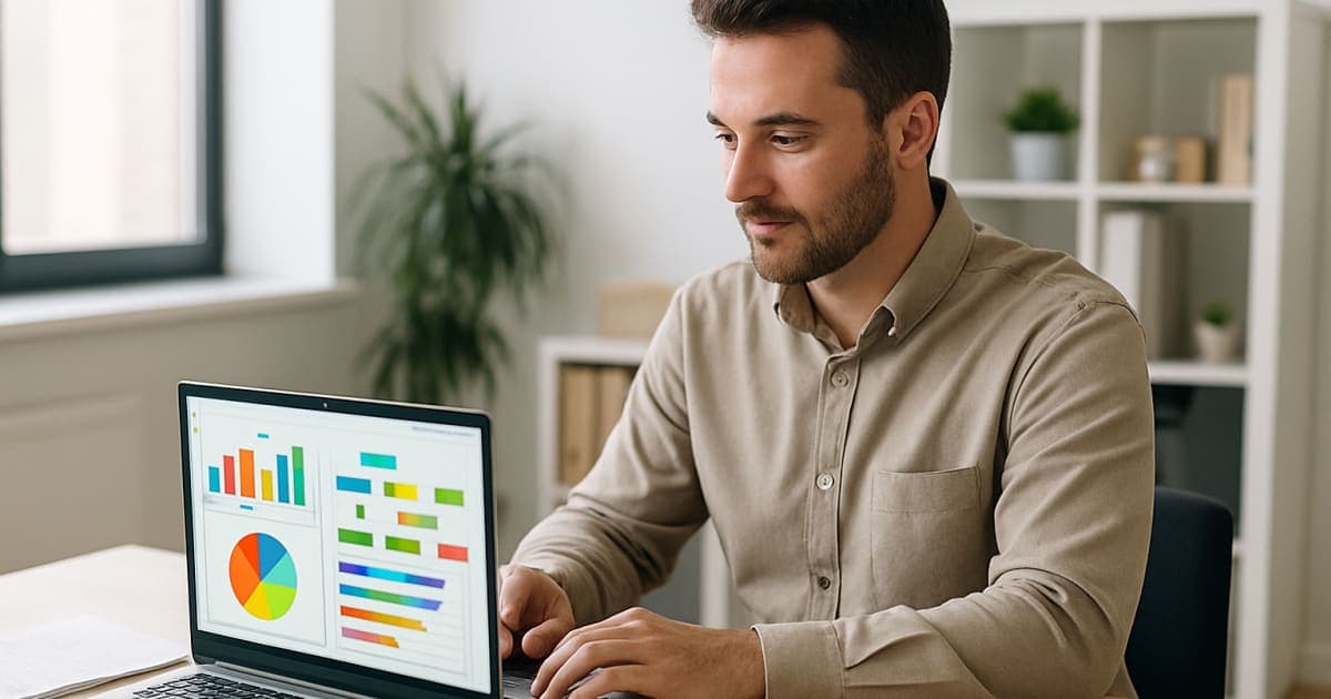 Small business owner smiling at laptop with AI dashboard displaying automated workflow charts