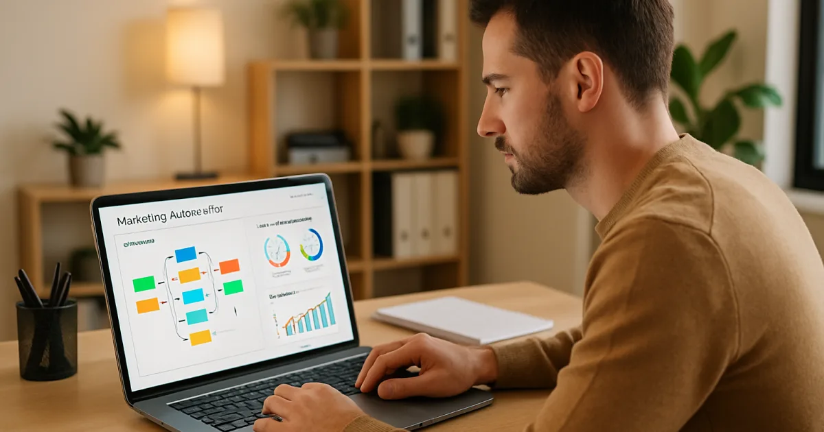 Small business owner reviewing automated marketing dashboard on laptop at modern desk workspace