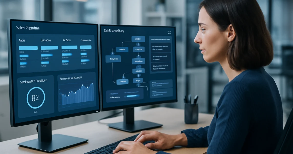 A sales professional reviewing automated workflow dashboards on a laptop in a modern office setting