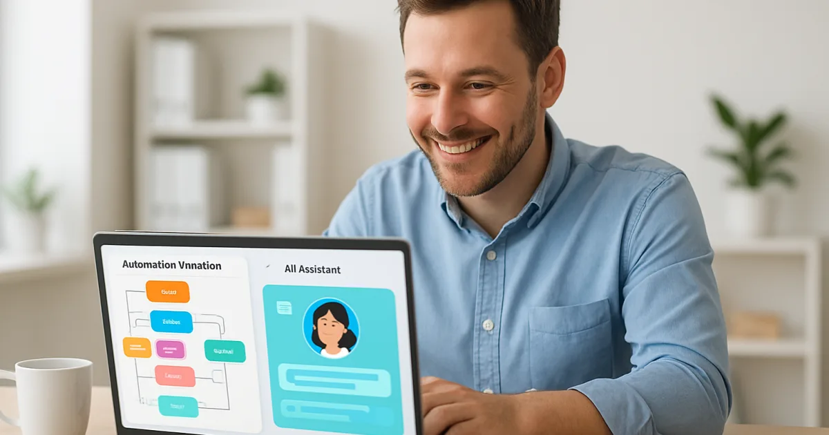 Small business owner reviewing AI automation dashboard on laptop at modern office desk