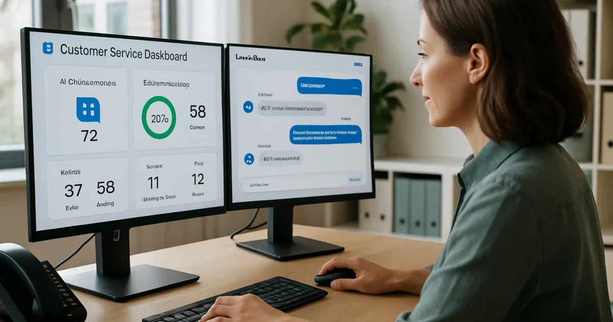 A smiling customer service representative using AI-powered software on a modern desktop computer