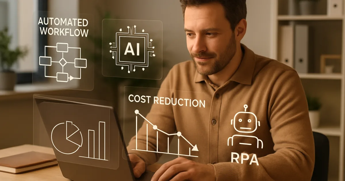 Small business owner reviewing AI automation dashboard on laptop in a modern office setting