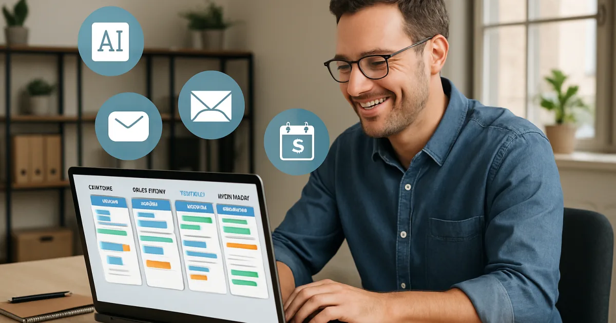 Small business owner reviewing AI automation dashboard on laptop at a modern office desk