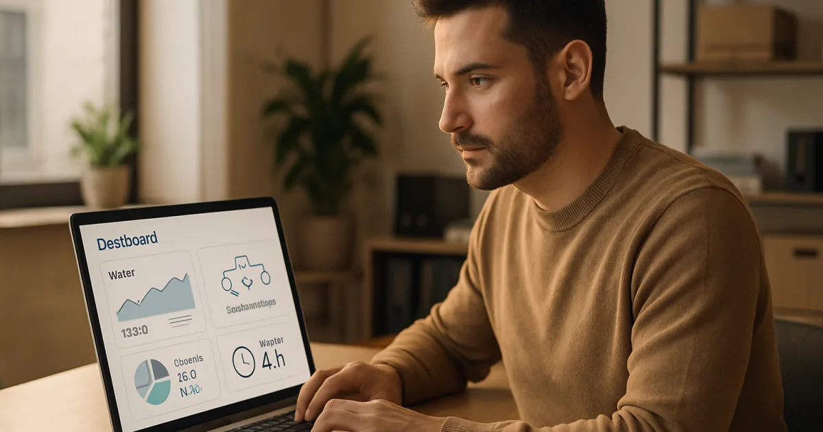 A focused entrepreneur reviews automated workflow dashboards on a laptop at a modern small business desk
