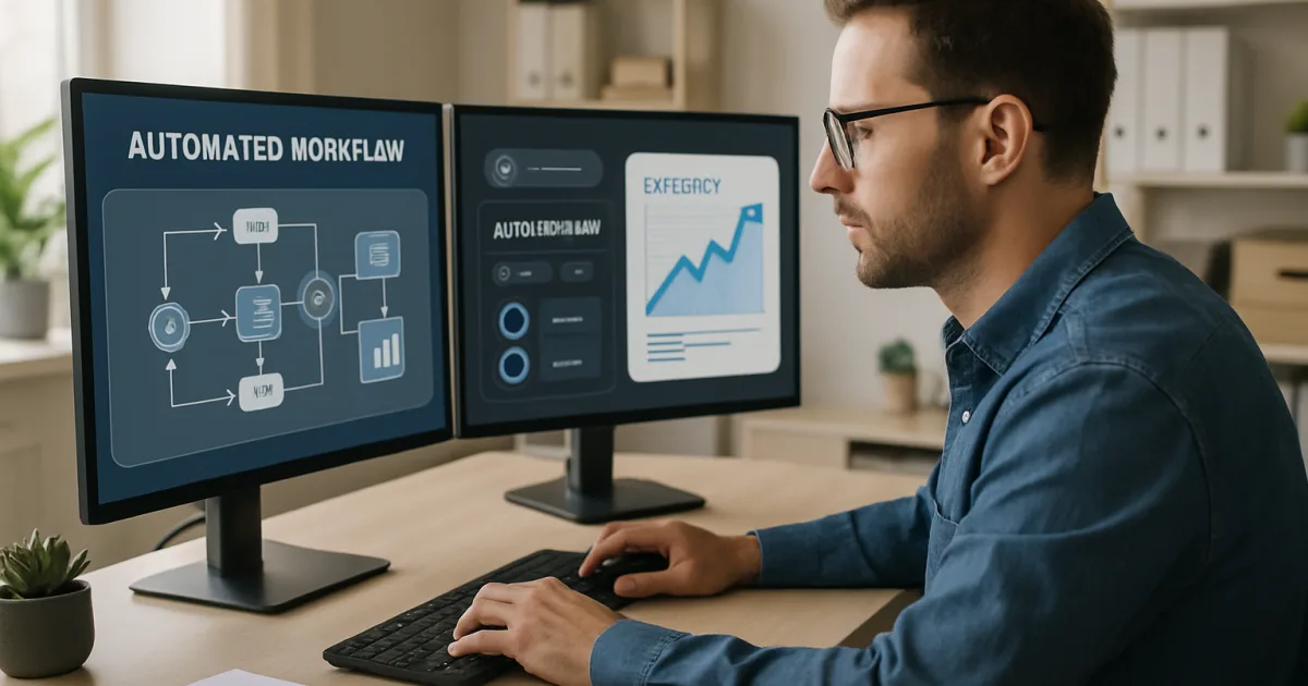 A small business owner reviewing automated workflow dashboards on a laptop in a modern office