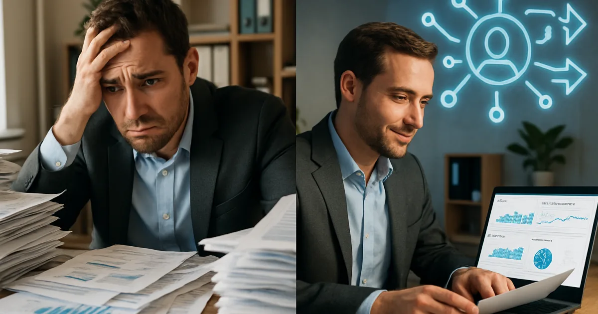 Business professional reviewing AI automation dashboards on multiple screens in a modern office setting