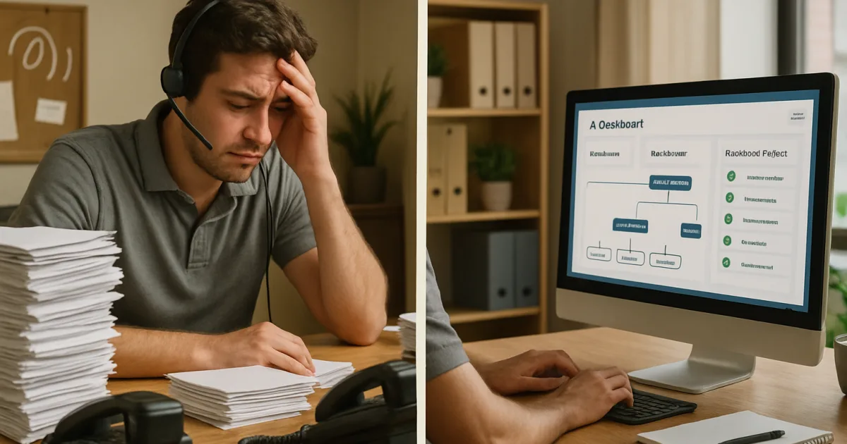 A customer service agent smiling at a desk with chat automation workflows displayed on a monitor