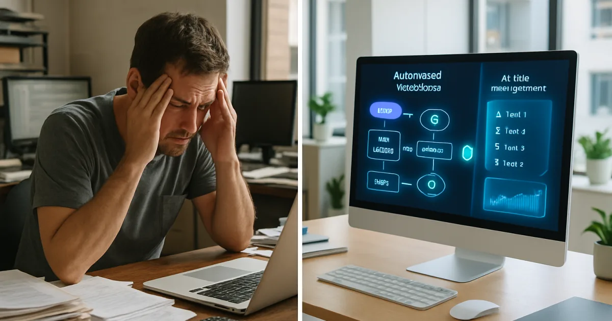 Small business owner smiling at laptop while automation workflows run on screen, saving time
