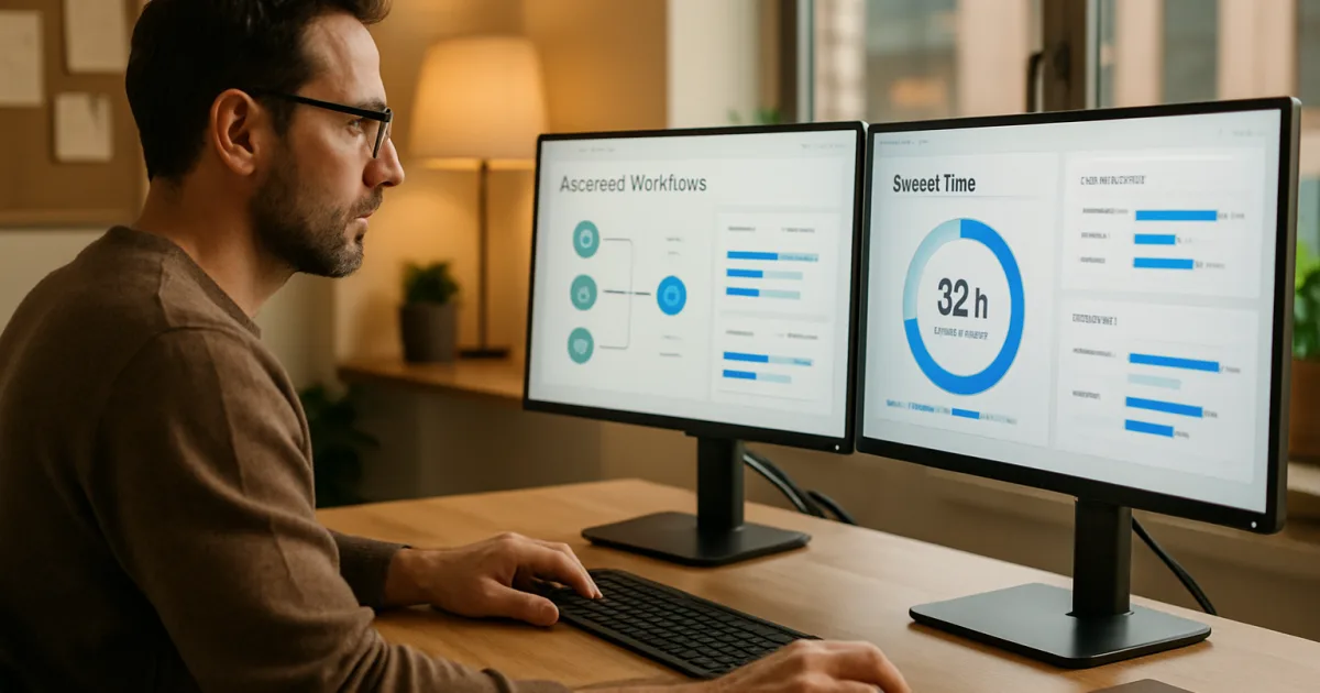 A small business owner reviewing growth charts on a laptop beside automated workflow tools