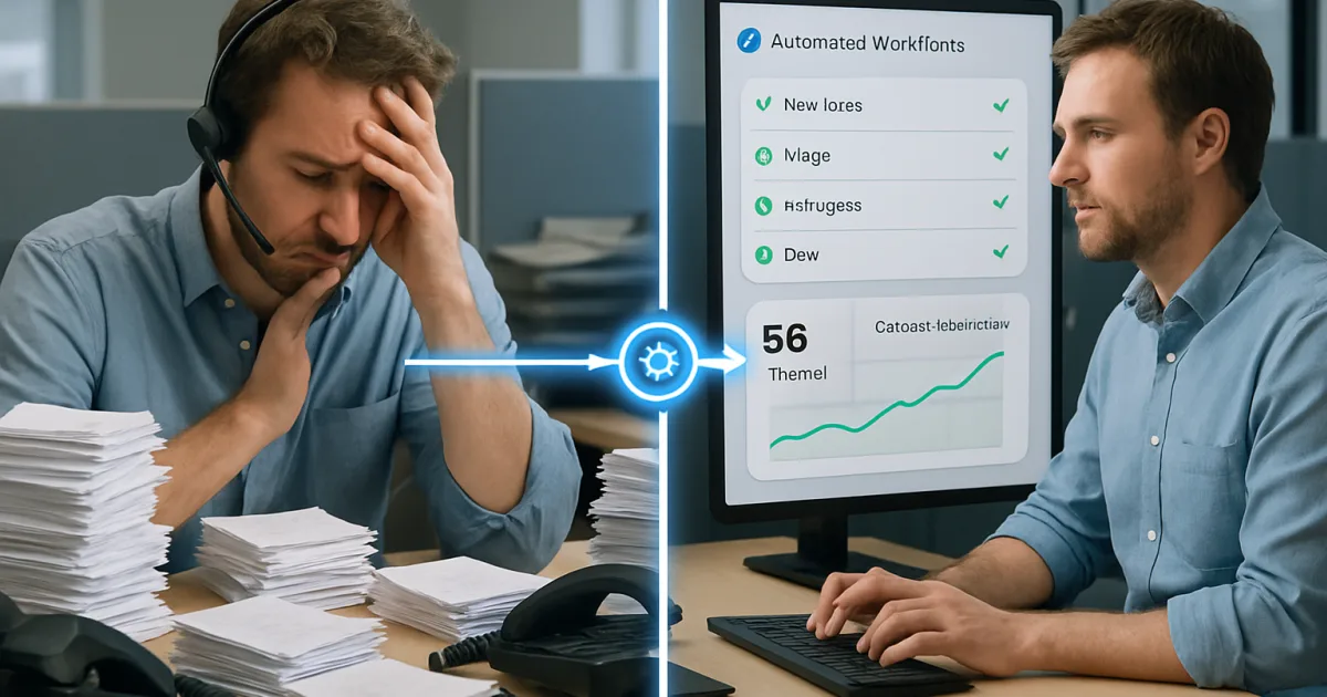 A professional reviewing automated customer service workflows on a digital dashboard in a modern office